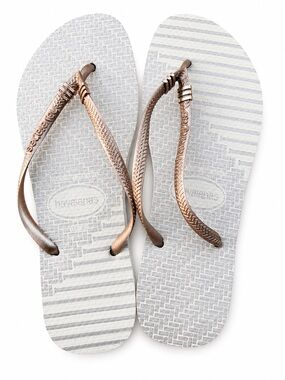 Havaianas Slim Flip Flops White/Rose Gold Metallic Thong Sandals Women’s US 9/10